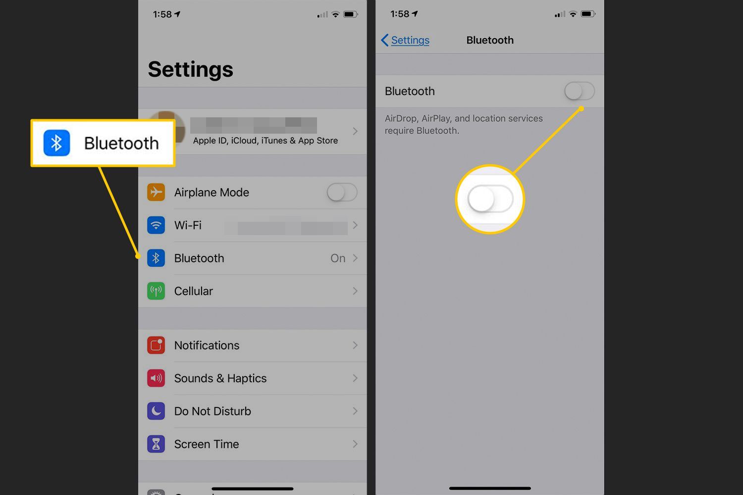 Bluetooth, отключить в настройках iOS