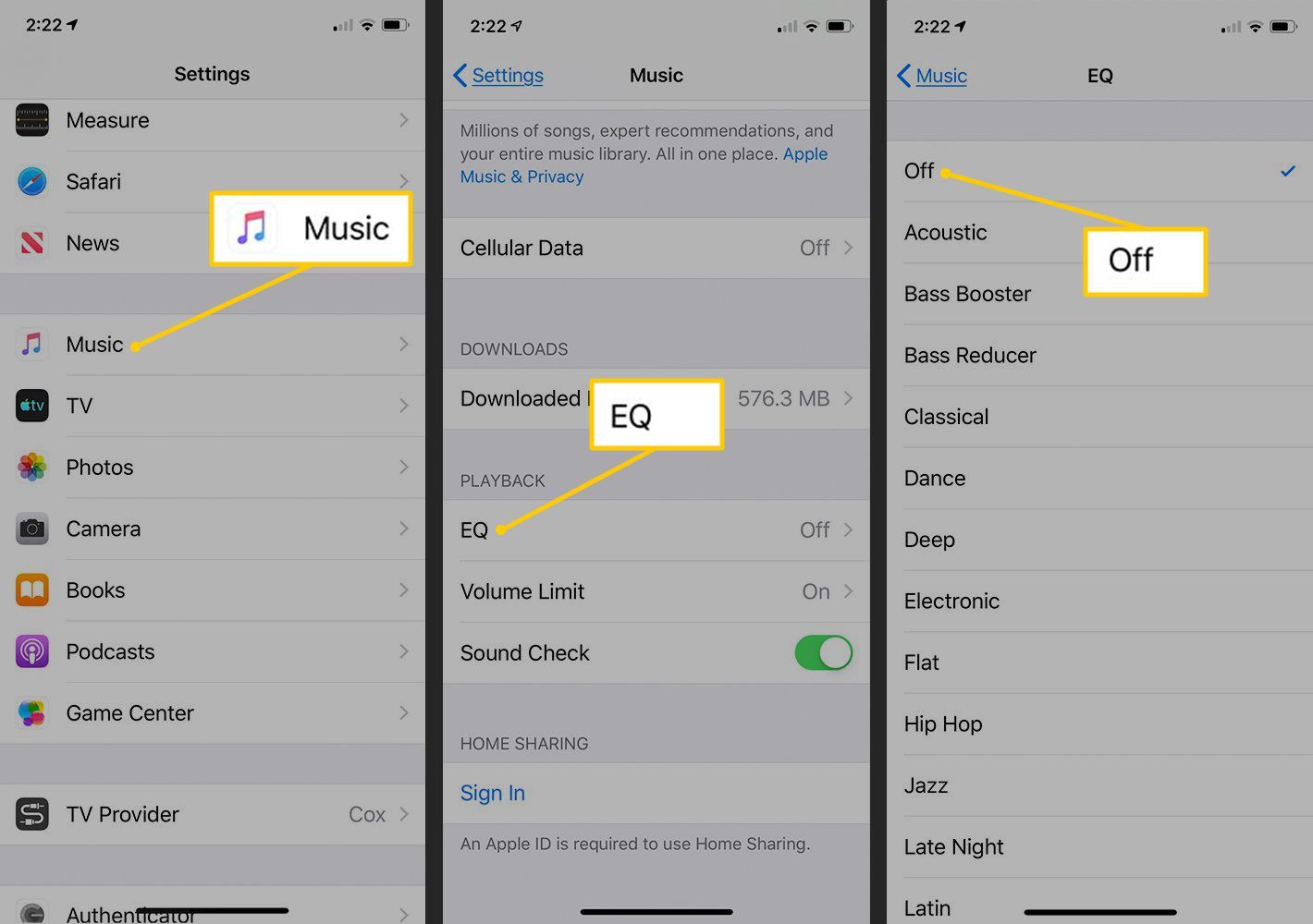 Кнопки Music, EQ, Off в настройках iOS