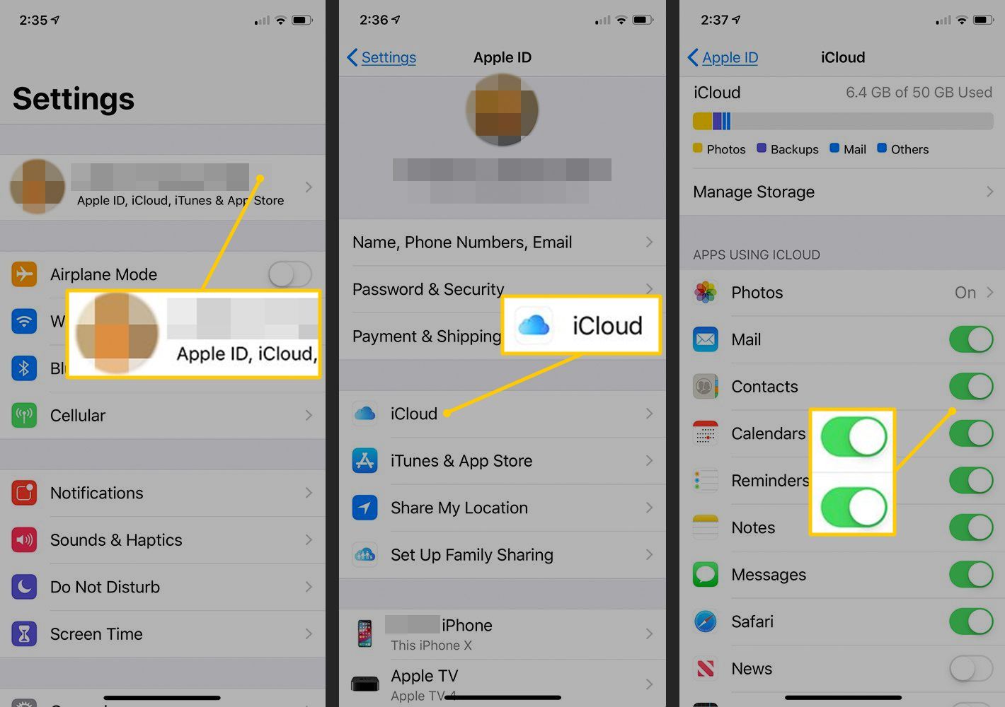 Apple ID, iCloud, кнопки переключения в настройках iOS