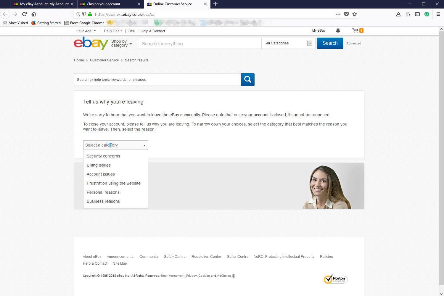 Выбор категории в процессе удаления eBay