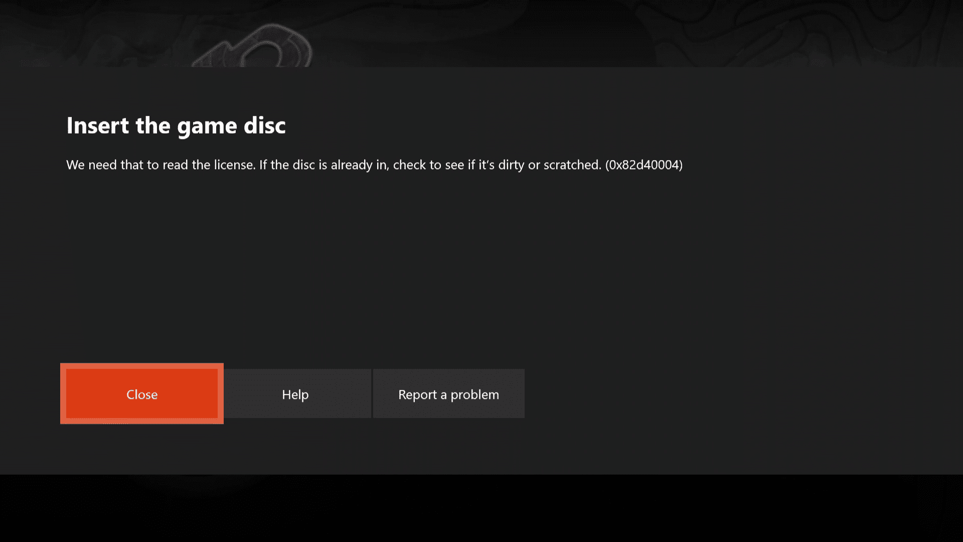 Скриншот Xbox One, запрашивающего игровой диск для авторизации.