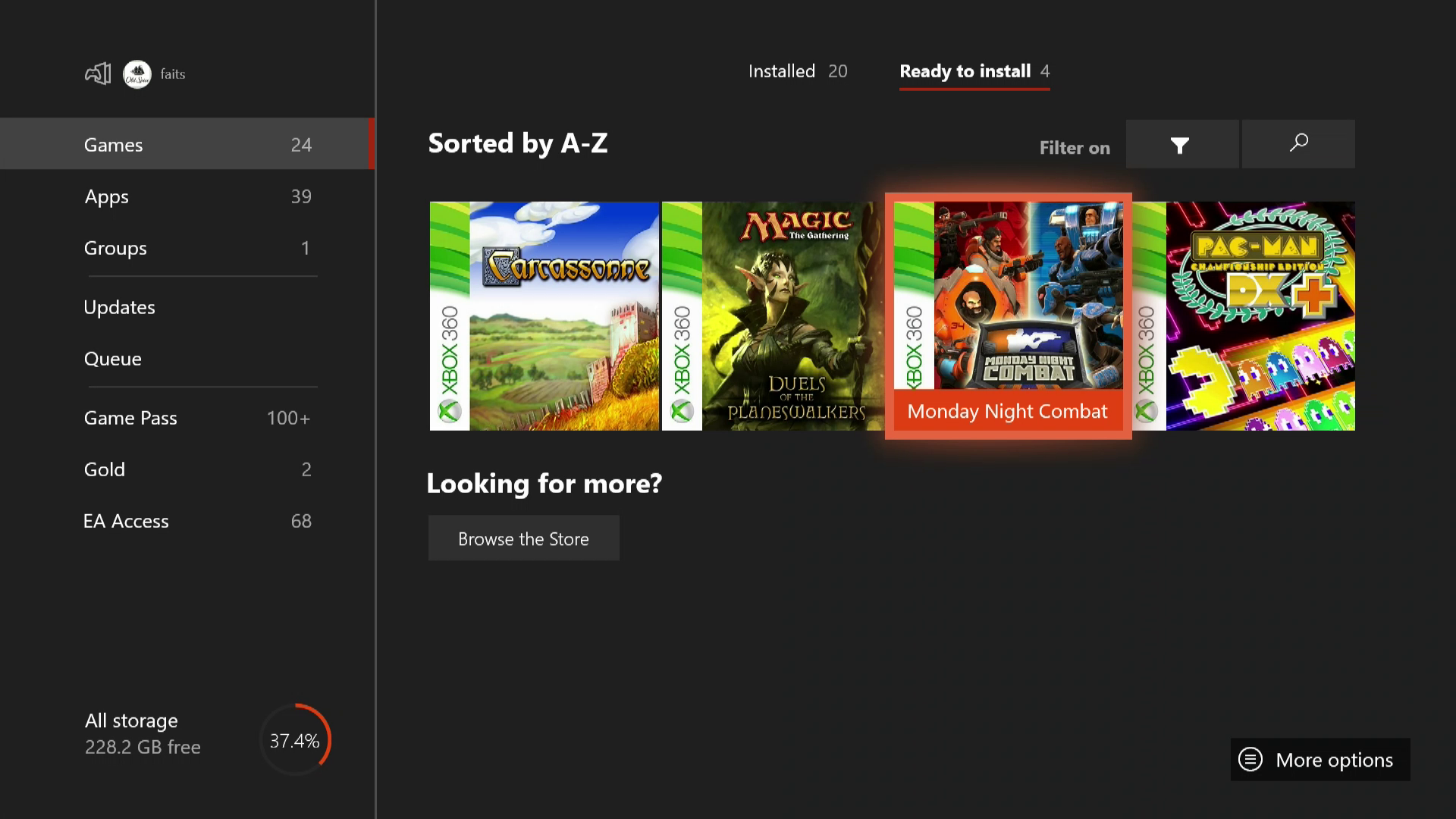 Скриншот меню установки игр для Xbox Ones.