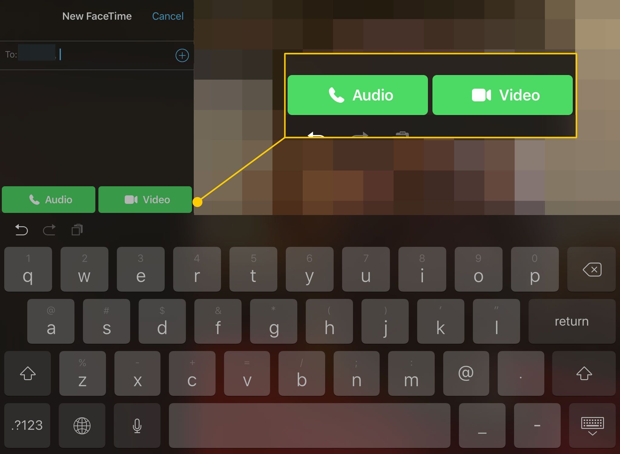 FaceTime на iPad с выделенными кнопками вызова аудио и видео