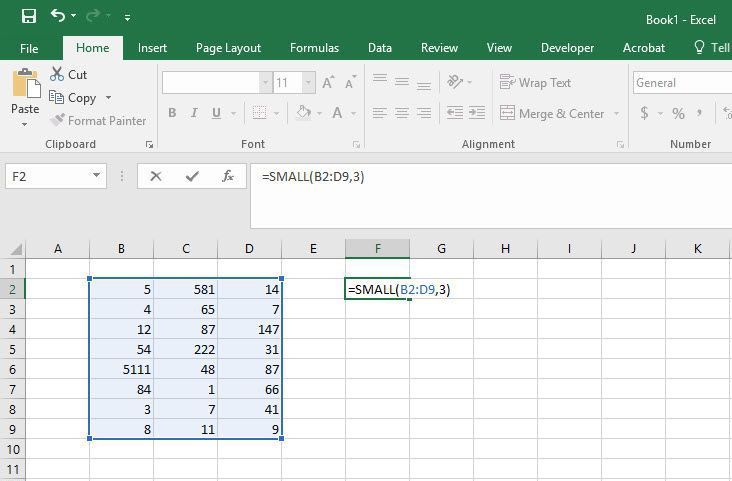 Иллюстрация функции SMALL в Excel.