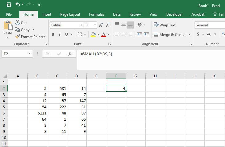 Иллюстрация результата функции SMALL в Excel.