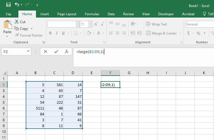 Иллюстрация того, как использовать функцию LARGE в Excel.