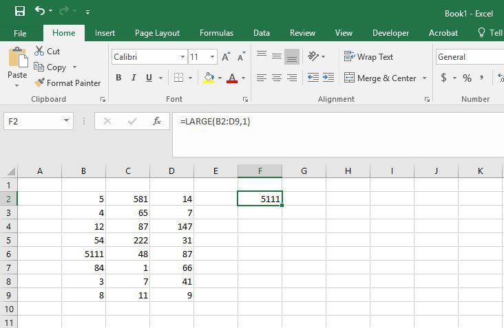 Результат БОЛЬШОЙ функции в Excel.