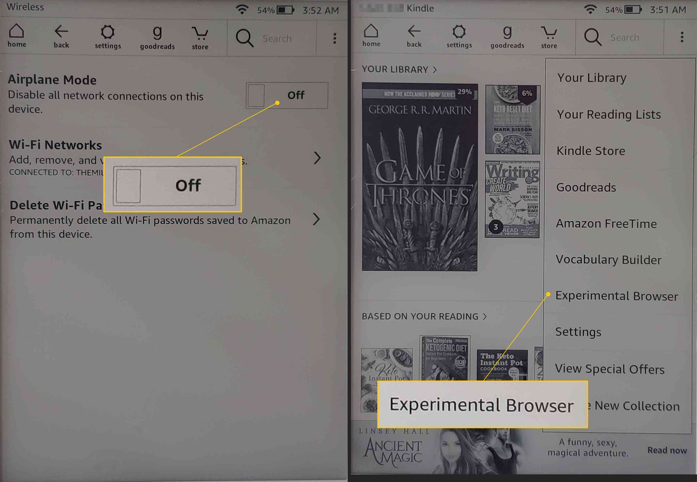 Режим полета отключен, Экспериментальная кнопка браузера в Меню на Kindle