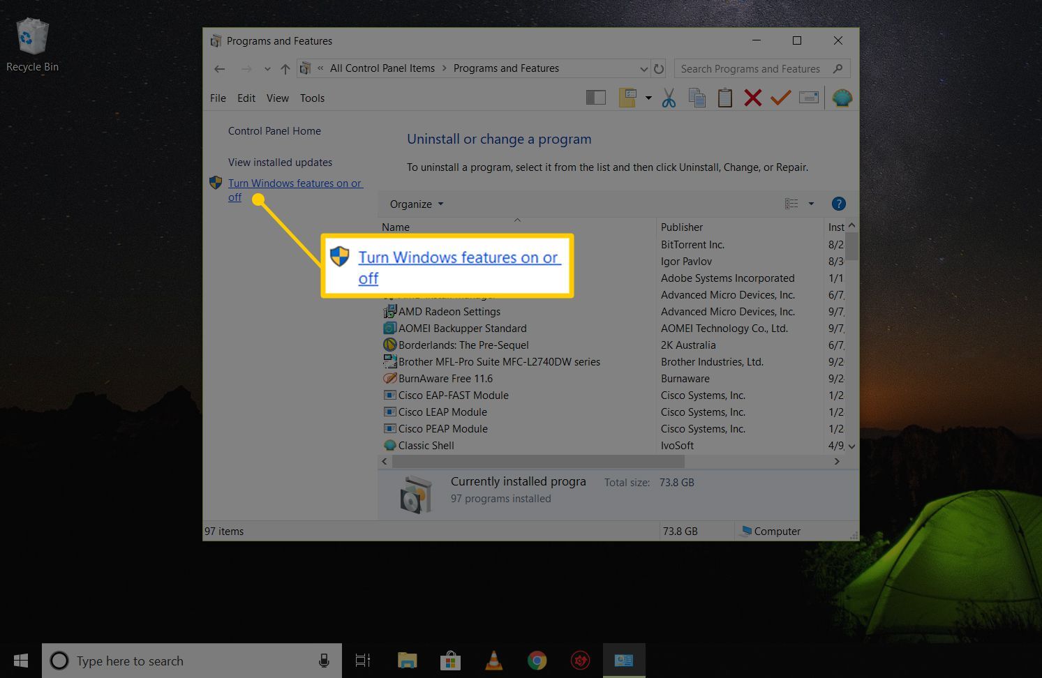 Включение или отключение функции Windows в панели управления «Программы и компоненты» в Windows 10