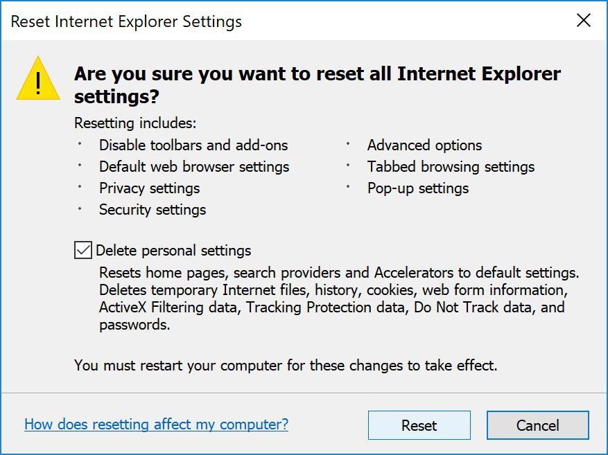 Снимок экрана: сброс настроек Internet Explorer