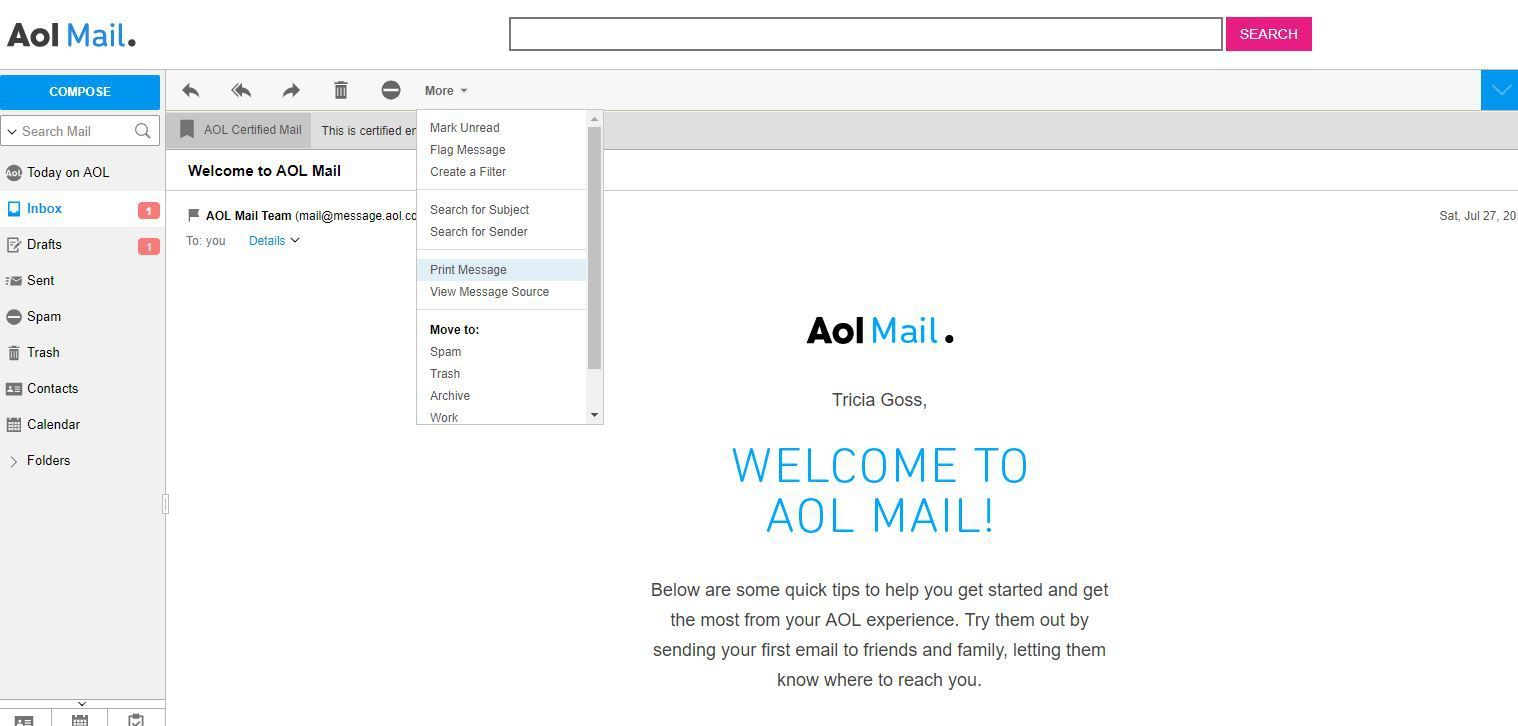 Снимок экрана: Распечатать сообщение в меню «Больше» в AOL Mail
