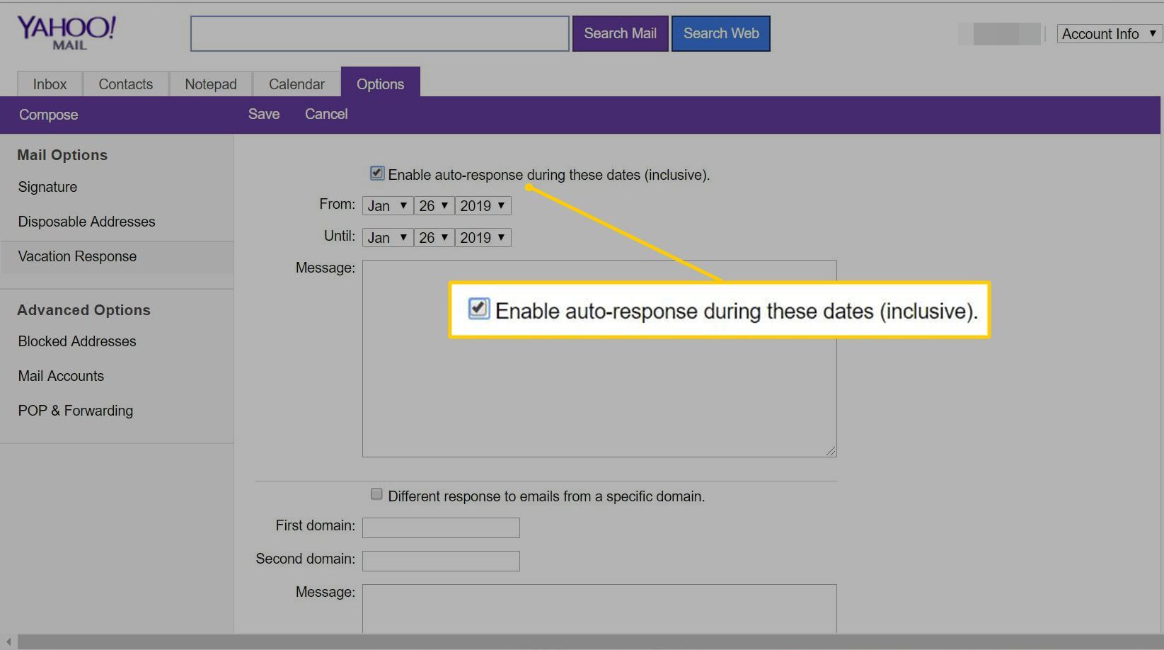 Включить автоответчик в Yahoo Mail basic