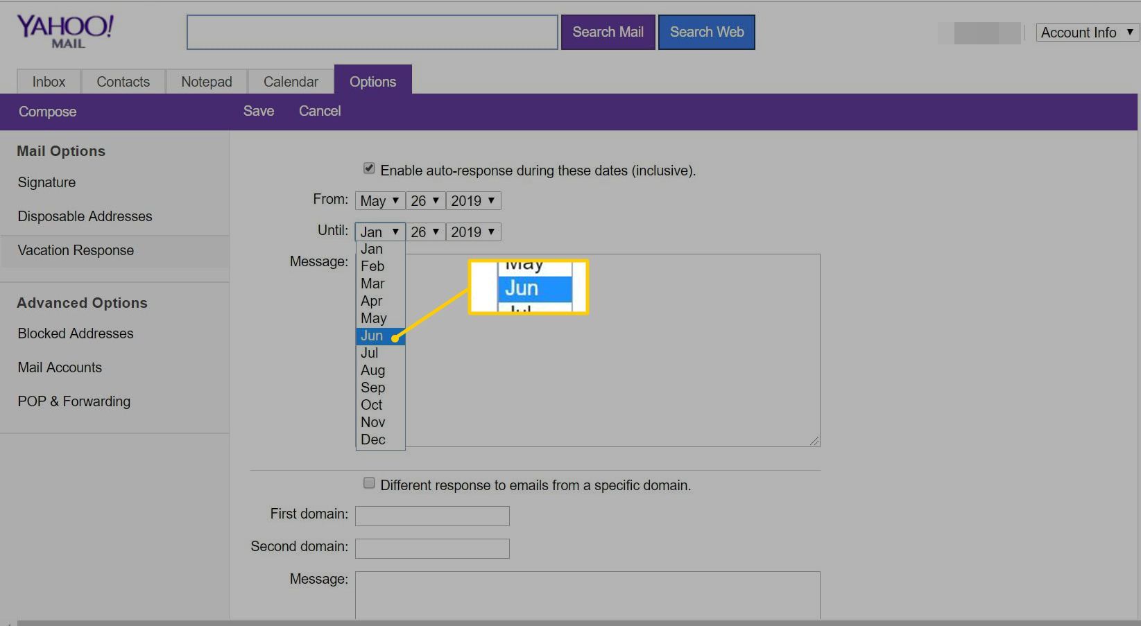 Выбор календаря для автоответчика Yahoo Mail