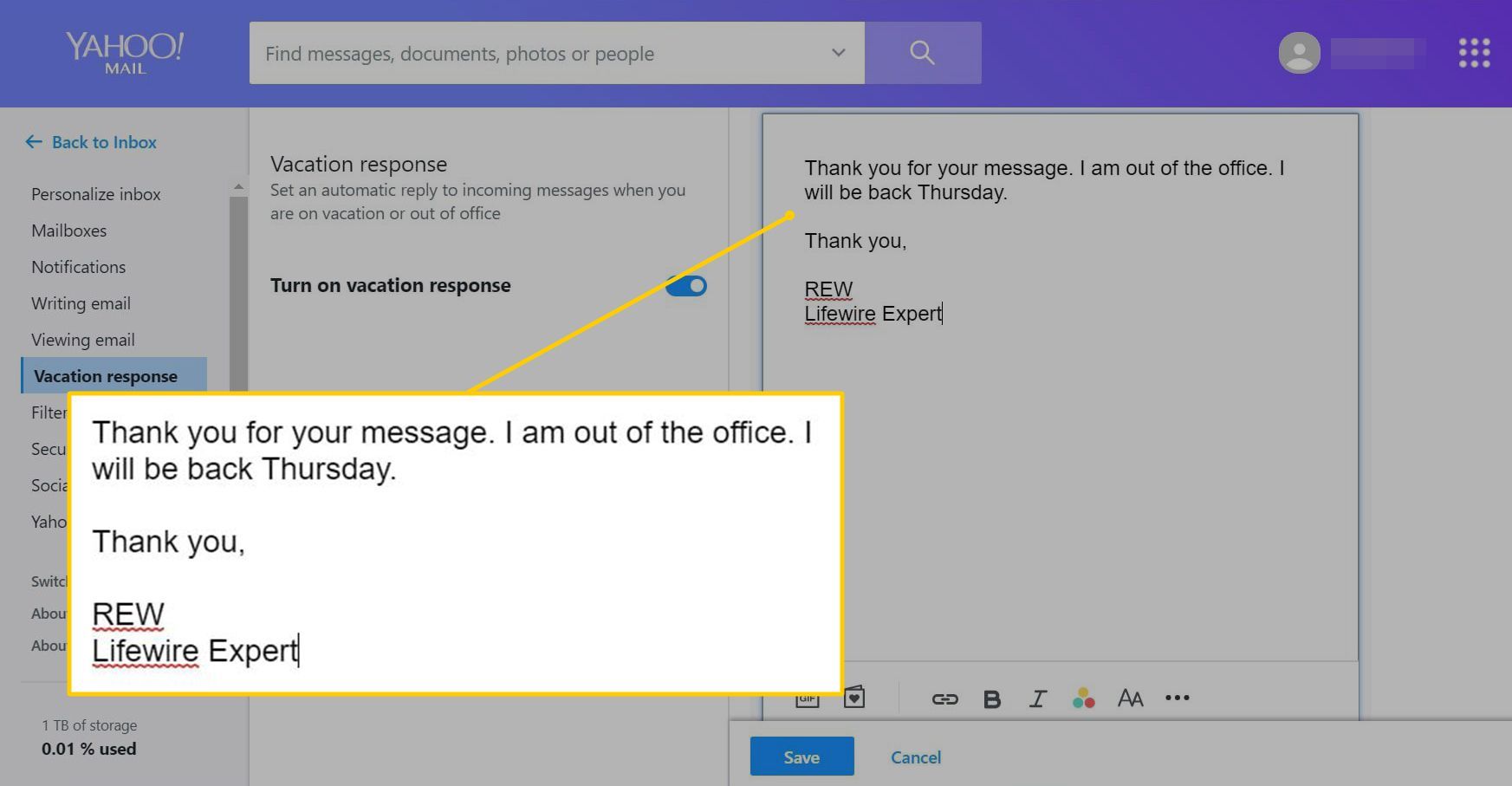 Ответное сообщение в Yahoo Mail's vacation responder