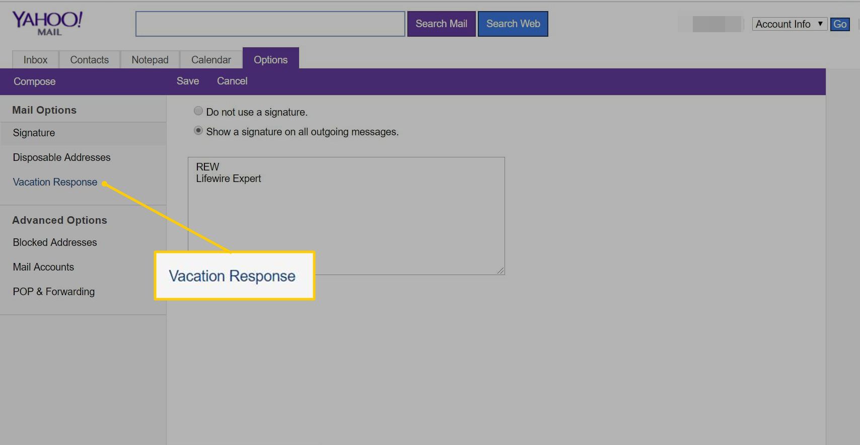 Ссылка на отпуск в Yahoo Mail basic