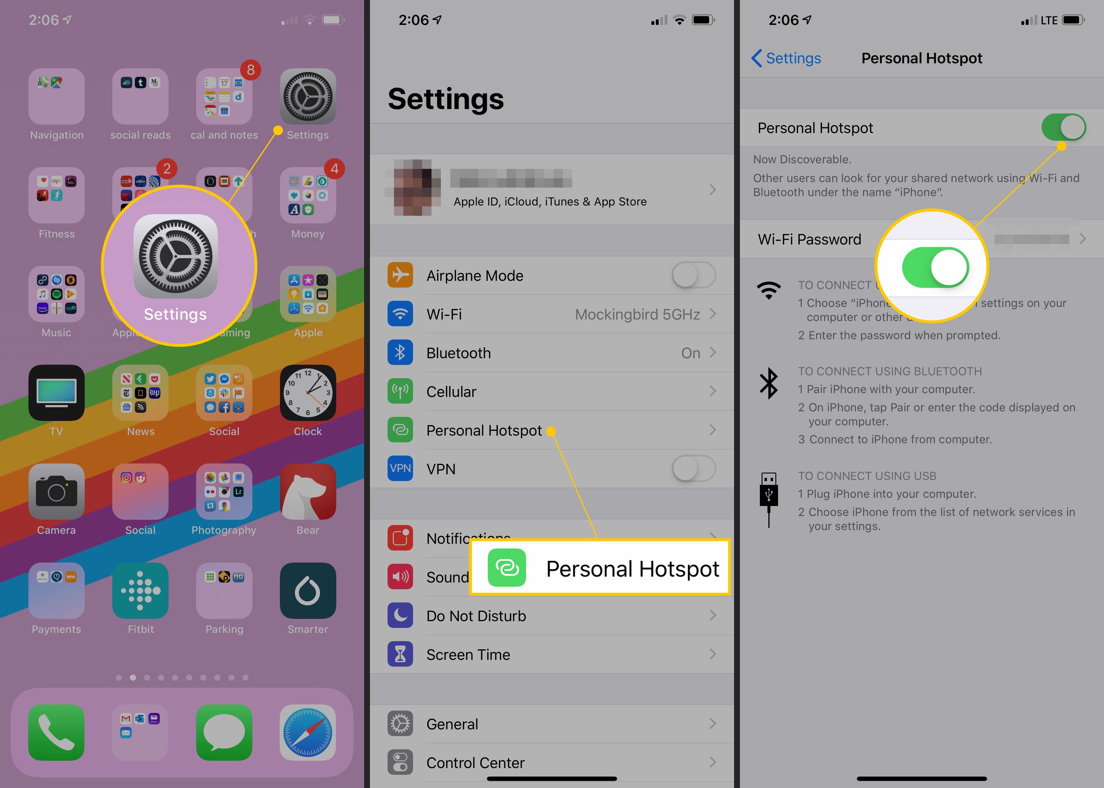 Значок настроек, кнопка «Персональная точка доступа» и переключатель в iOS