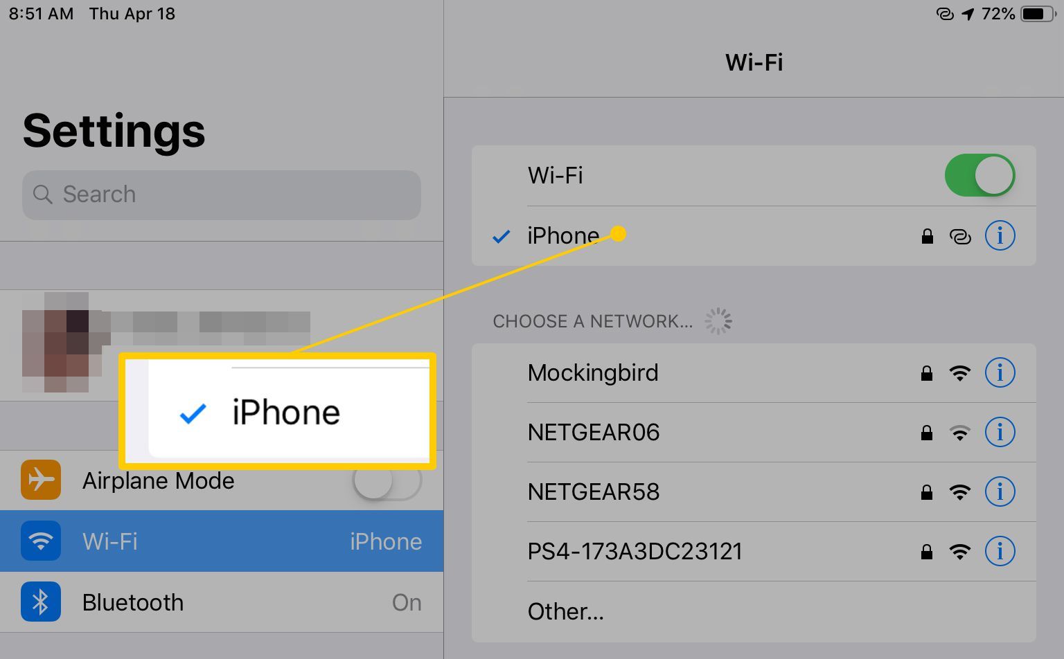 iPhone выбран в приложении Настройки Wi-Fi на iPad