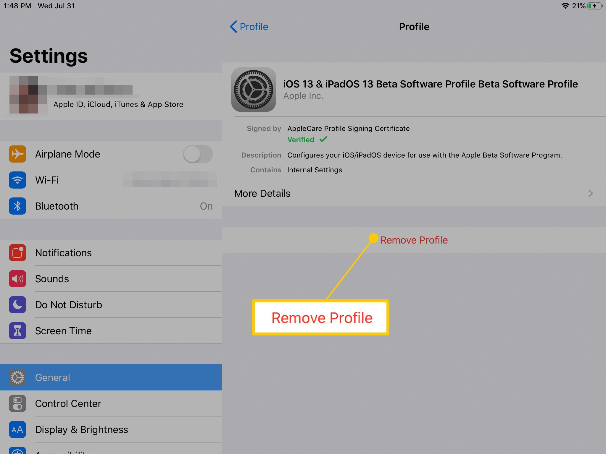 Удалить кнопку профиля в настройках iOS на iPad