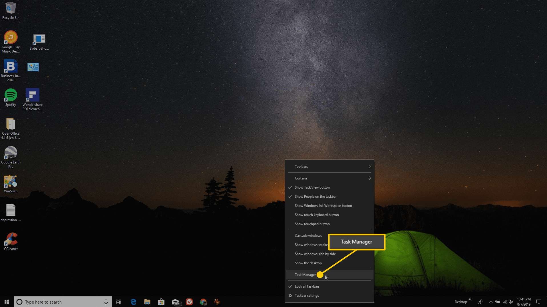 Снимок экрана с открытием диспетчера задач в Windows.