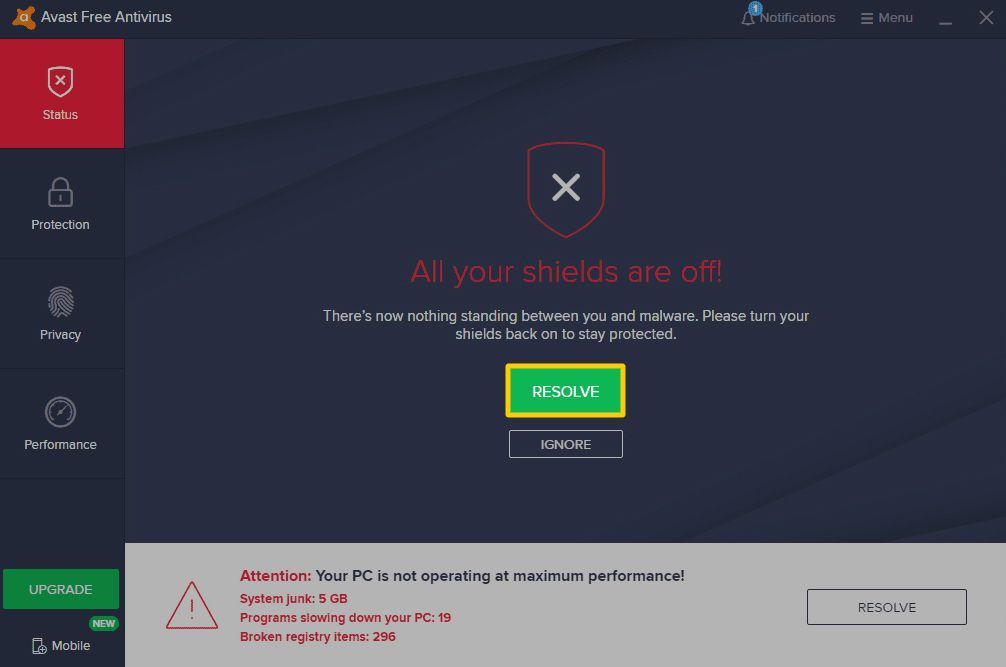 Скриншот Avast с отключенными щитами, предлагающий пользователю решить проблему.