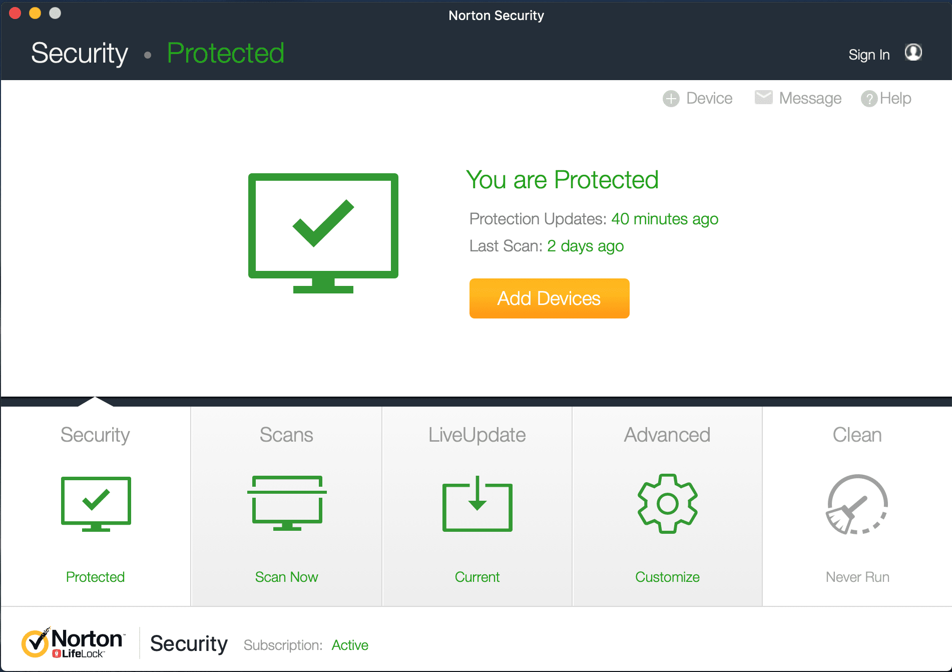 Снимок экрана: панель мониторинга Norton Security в macOS