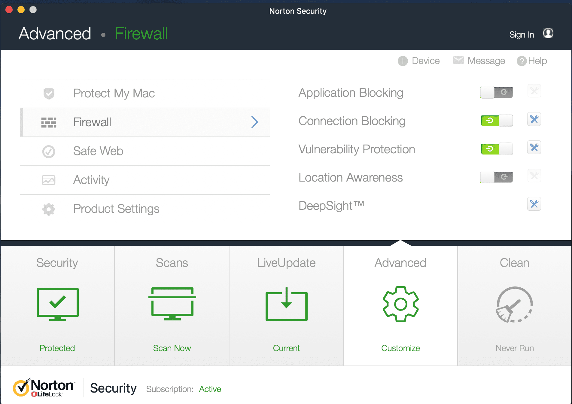 Снимок экрана интерфейса Norton Security Firewall на macOS