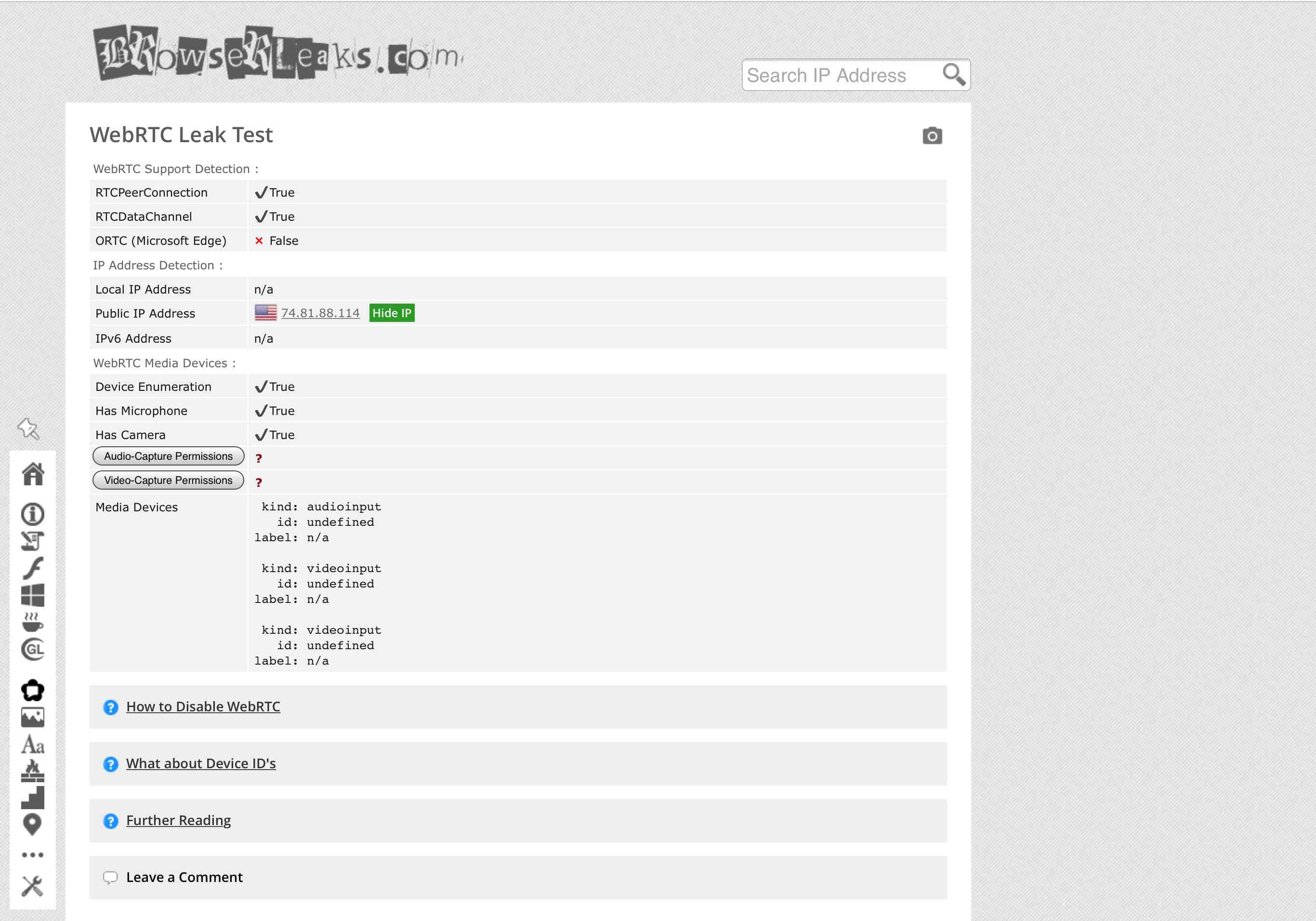 Снимок экрана теста BrowserLeaks.com/WebRTC, на котором показаны пять элементов