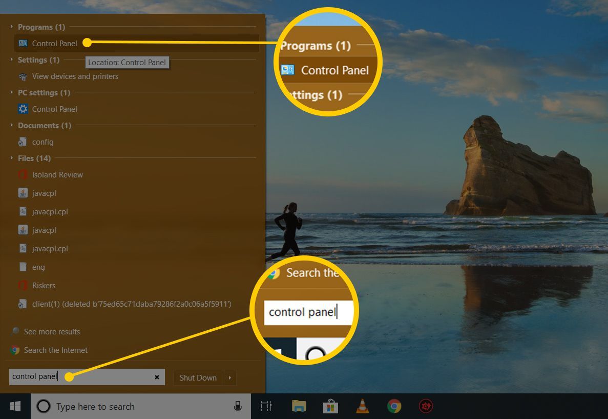 Снимок экрана, показывающий меню «Пуск» в Windows 10 с выделением панели управления
