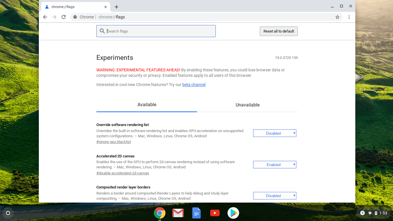 Скриншот страницы флагов Chrome OS.