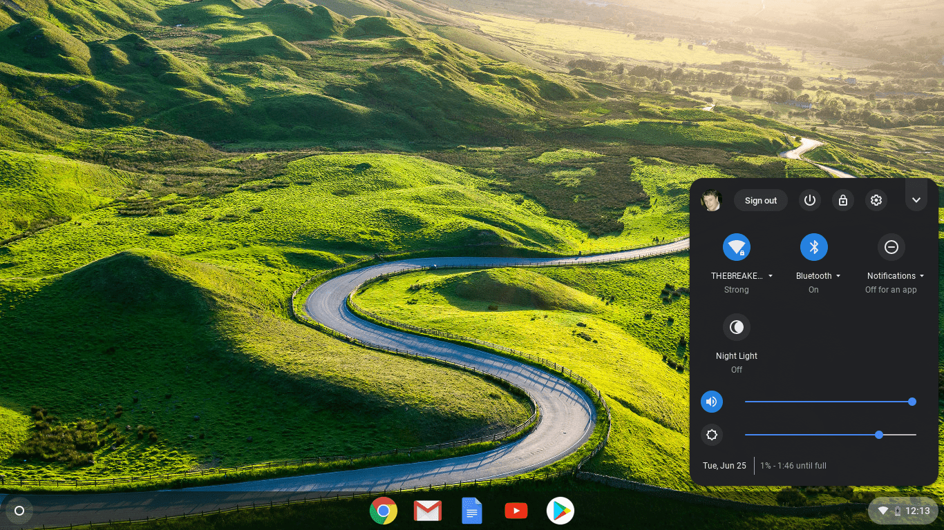 Снимок экрана с меню панели задач Chrome OS.