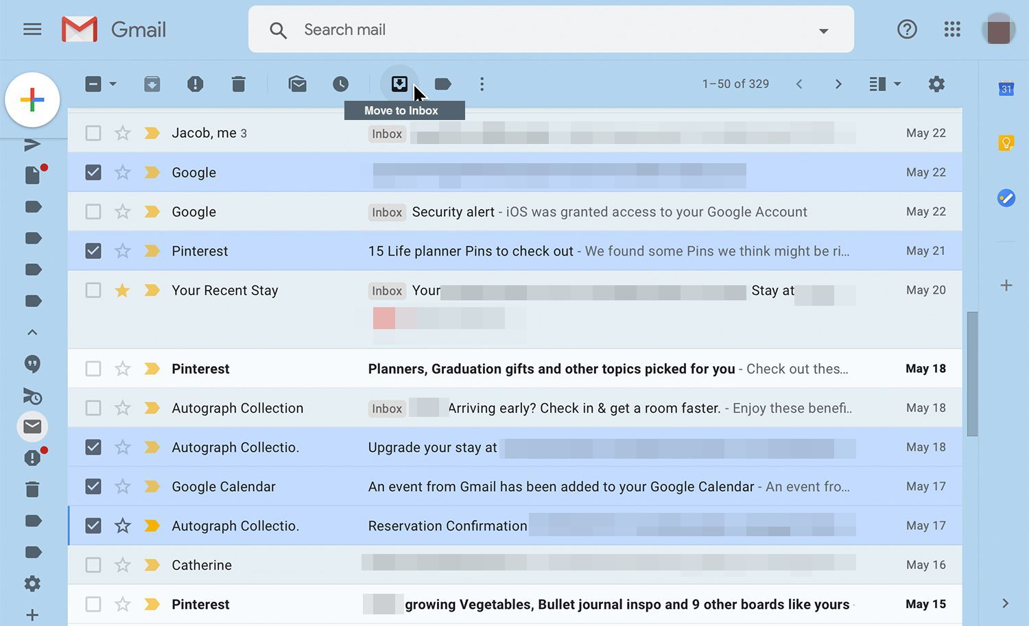 Gmail со значком «Переместить во входящие»