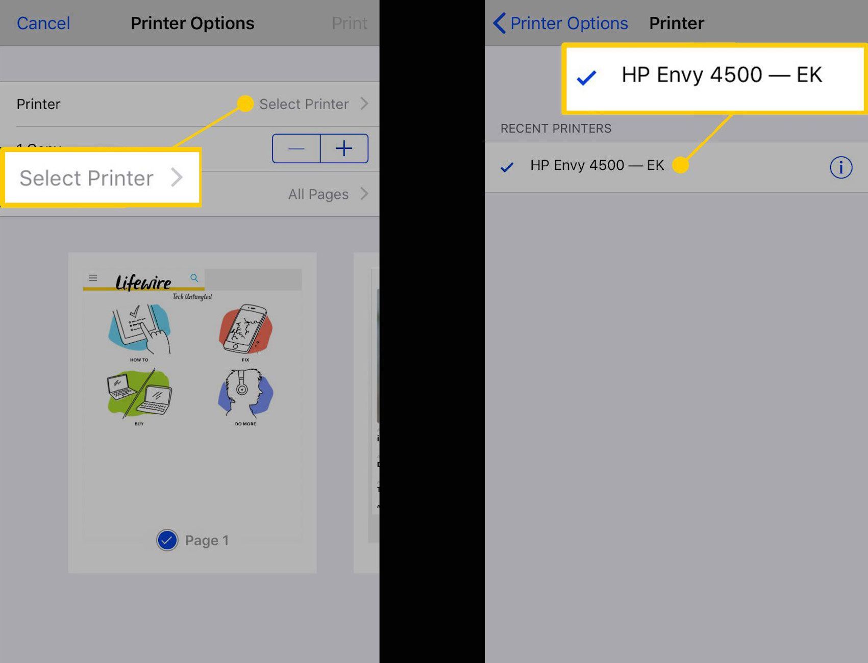 Выбор принтера для AirPlay на iPhone