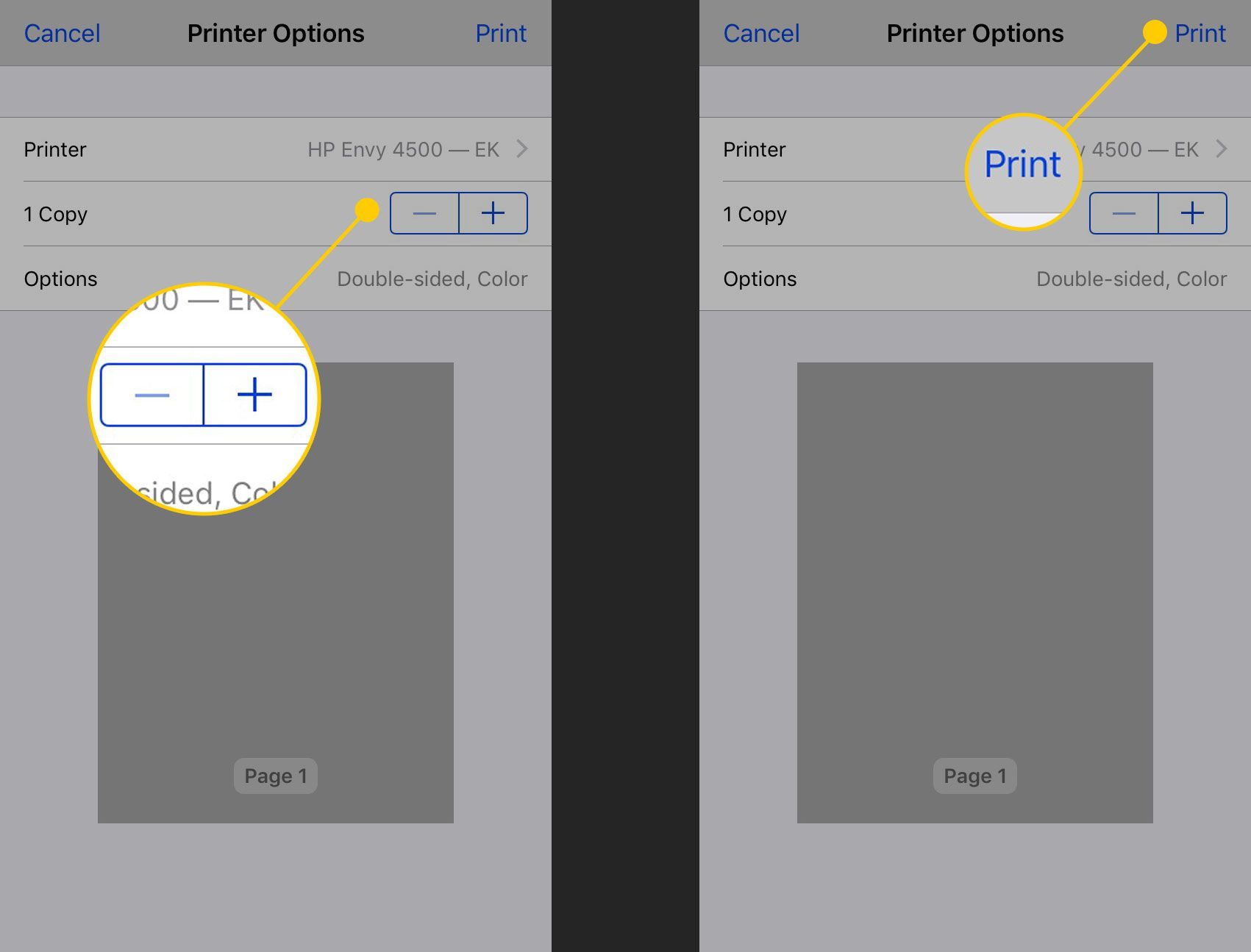 Выбор количества копий для печати и команды «Печать» на iPhone
