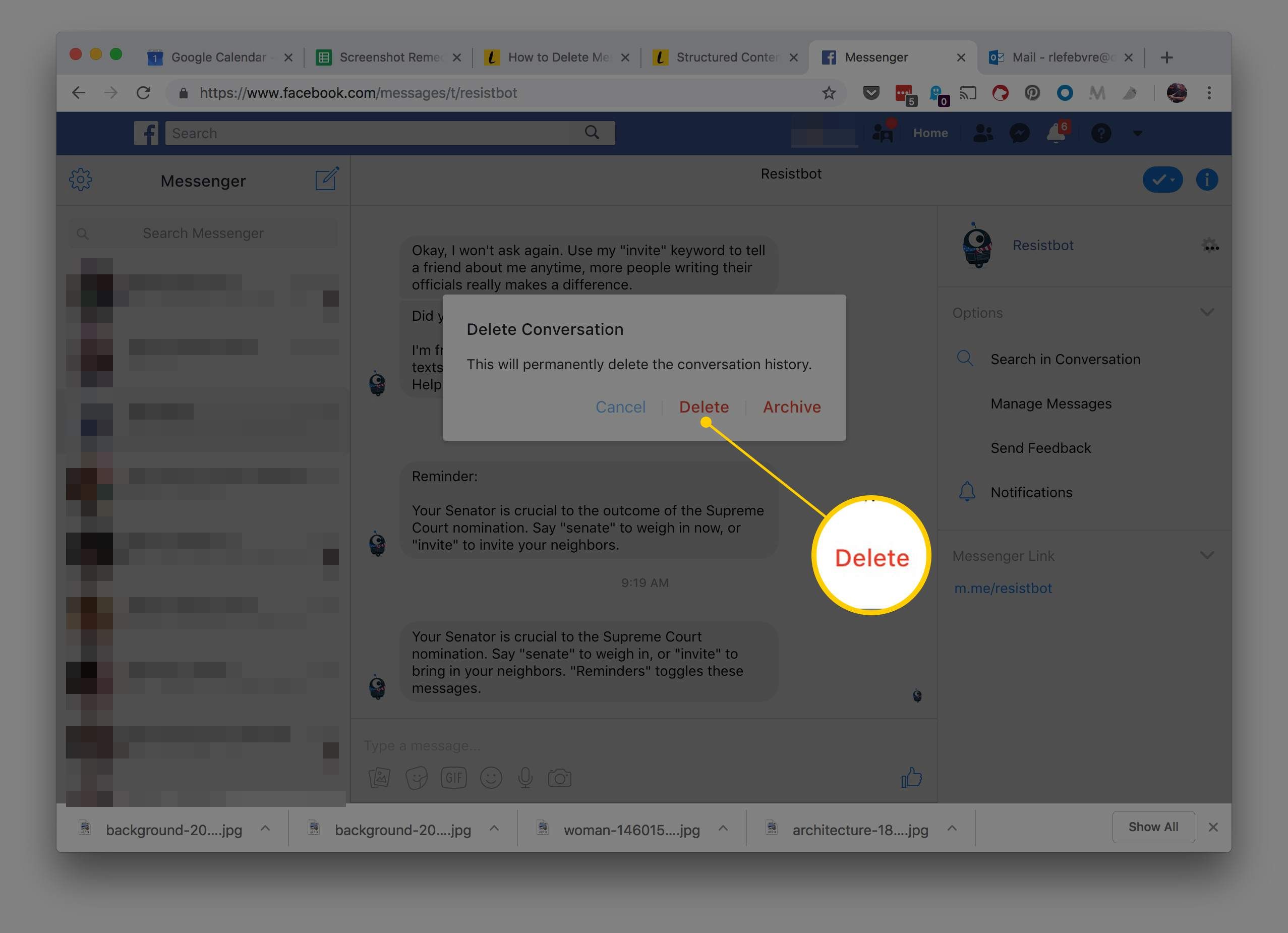 Снимок экрана кнопки подтверждения удаления в Facebook Messenger в Интернете
