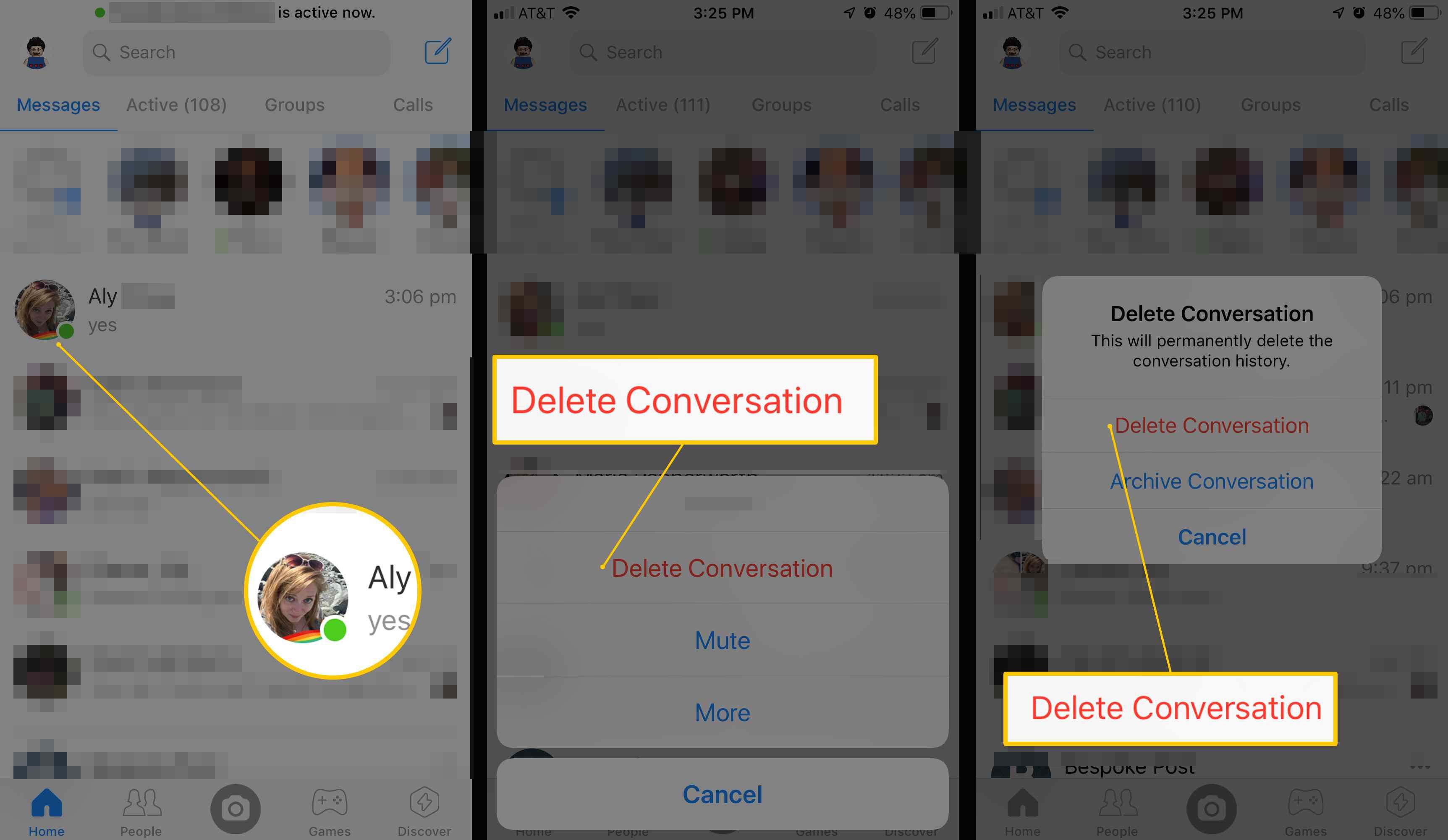 Три снимка экрана iOS, показывающие кнопки удаления разговора и подтверждения в приложении Facebook