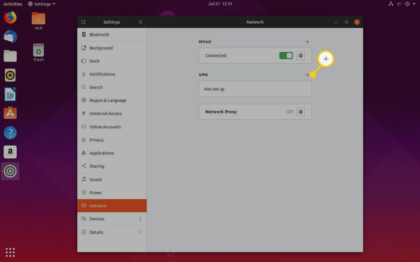 Опция Ubuntu GNOME VPN в настройках сети.