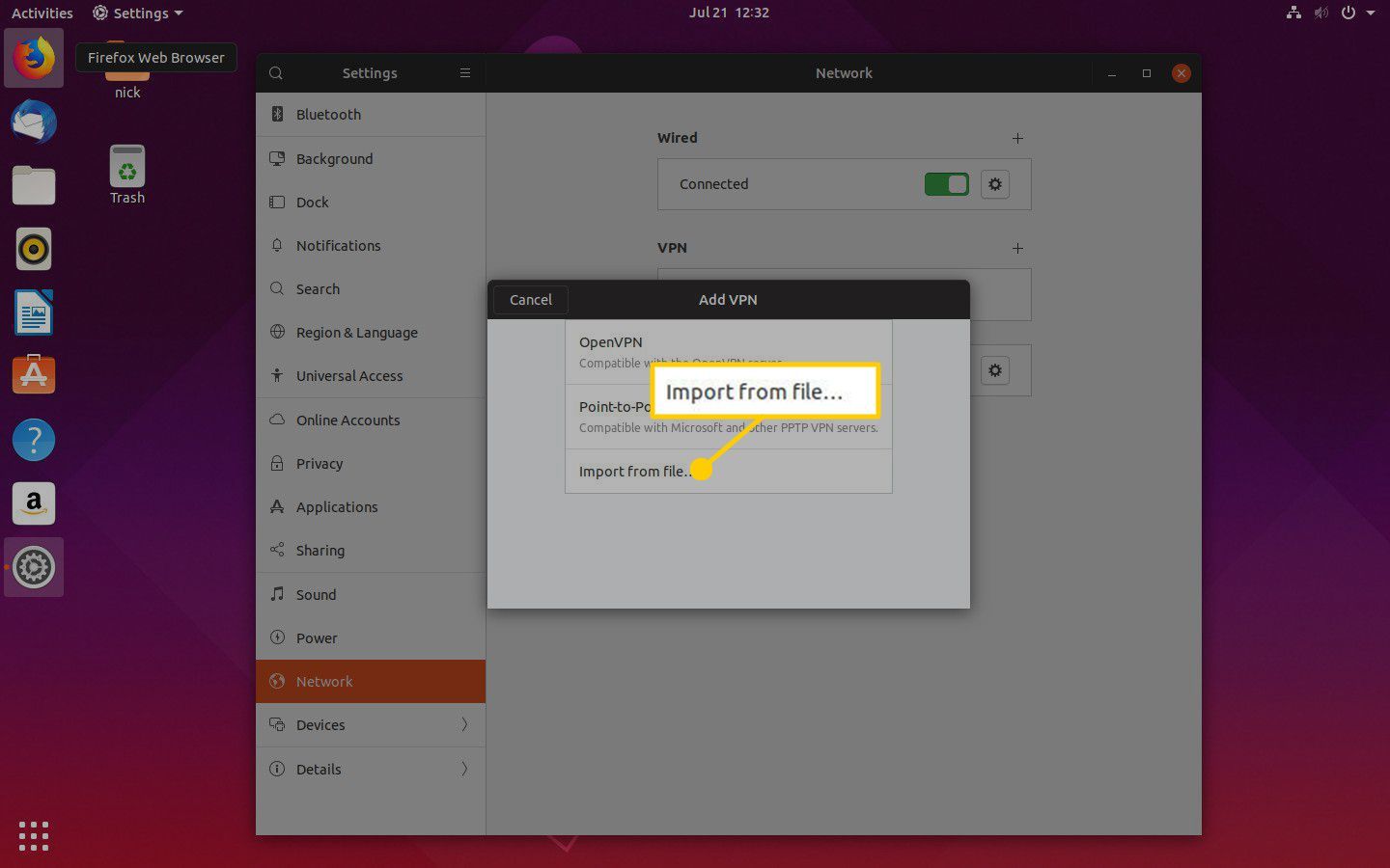 Ubuntu GNOME добавить VPN-соединение.