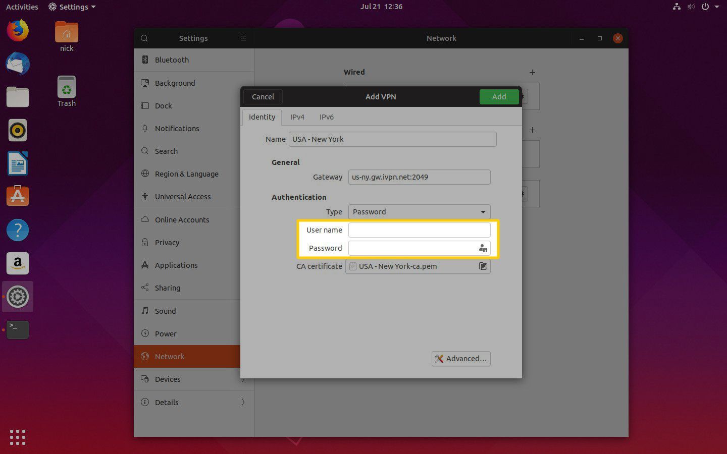 Ubuntu GNOME Добавить конфигурацию VPN