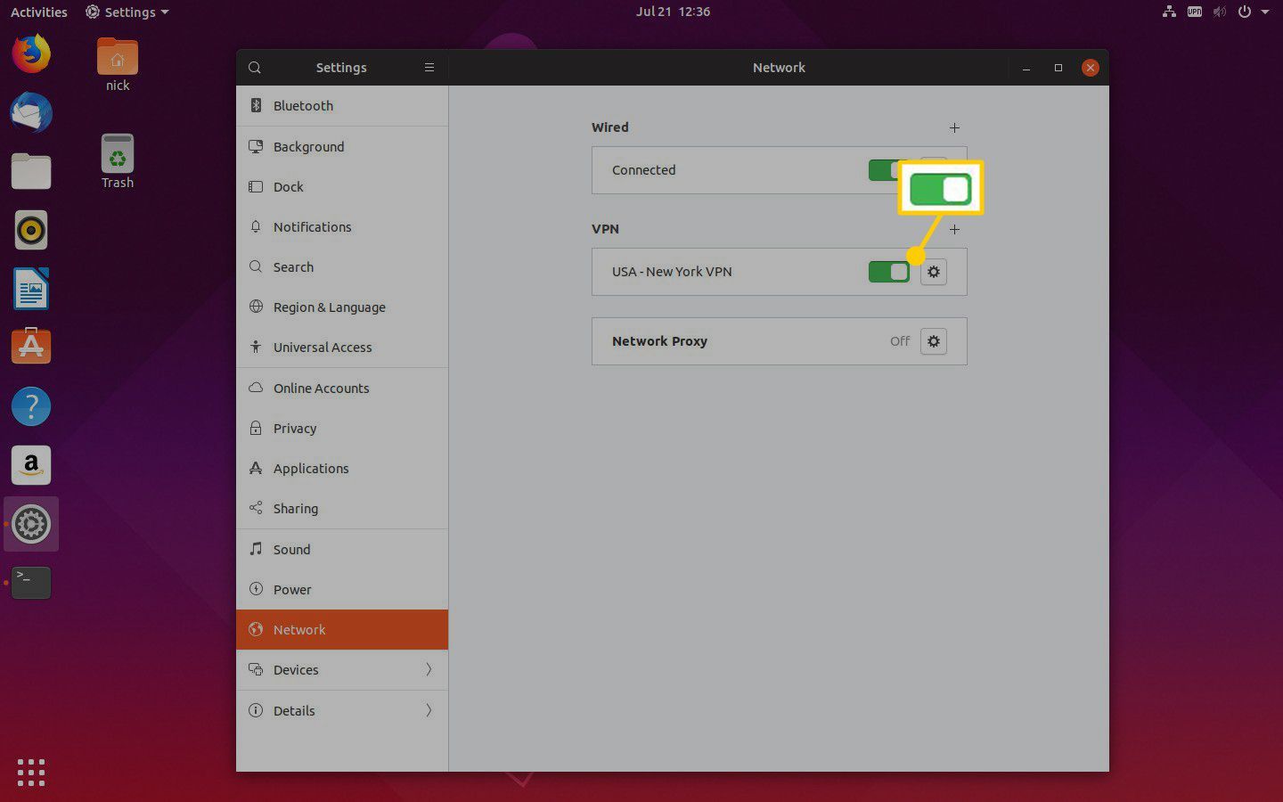 Переключатель вкл / выкл для подключения Ubuntu GNOME VPN.