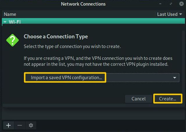 Linux NetworkManager импортирует конфигурацию VPN.