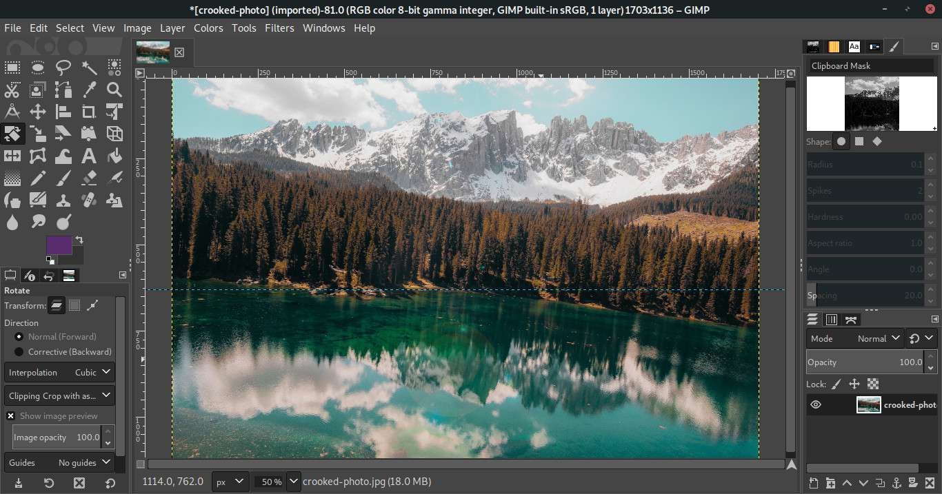 GIMP фото с горизонтальной направляющей