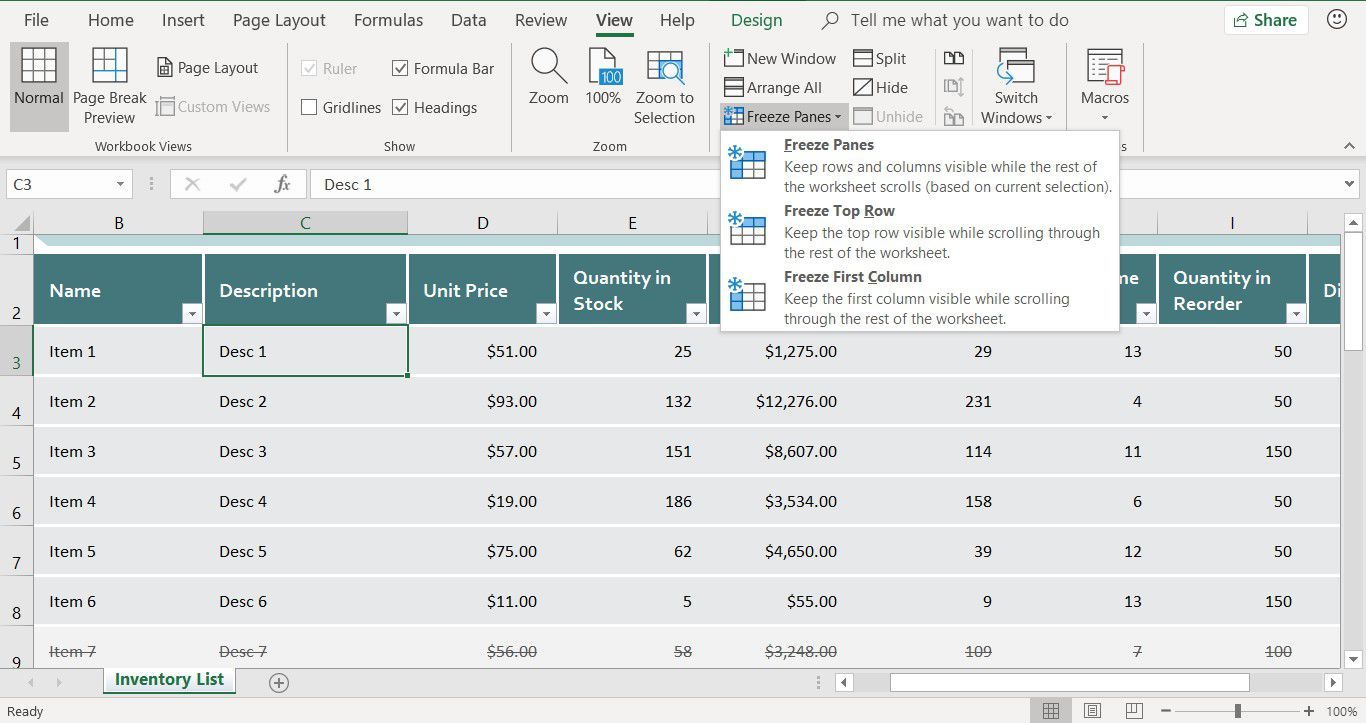 Снимок экрана, показывающий, как заморозить панели листа в Excel