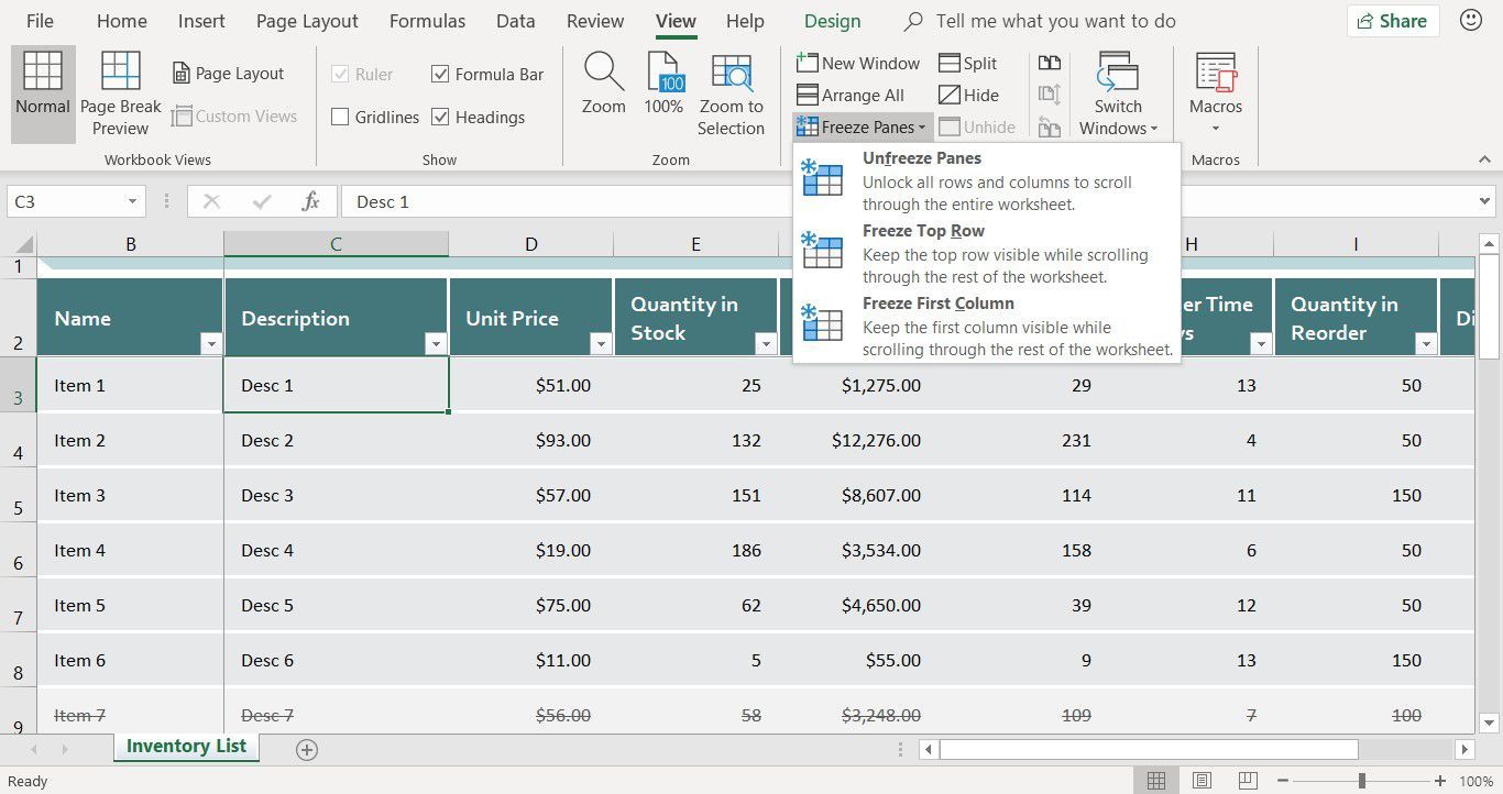 Снимок экрана, показывающий, как разморозить панели в Excel