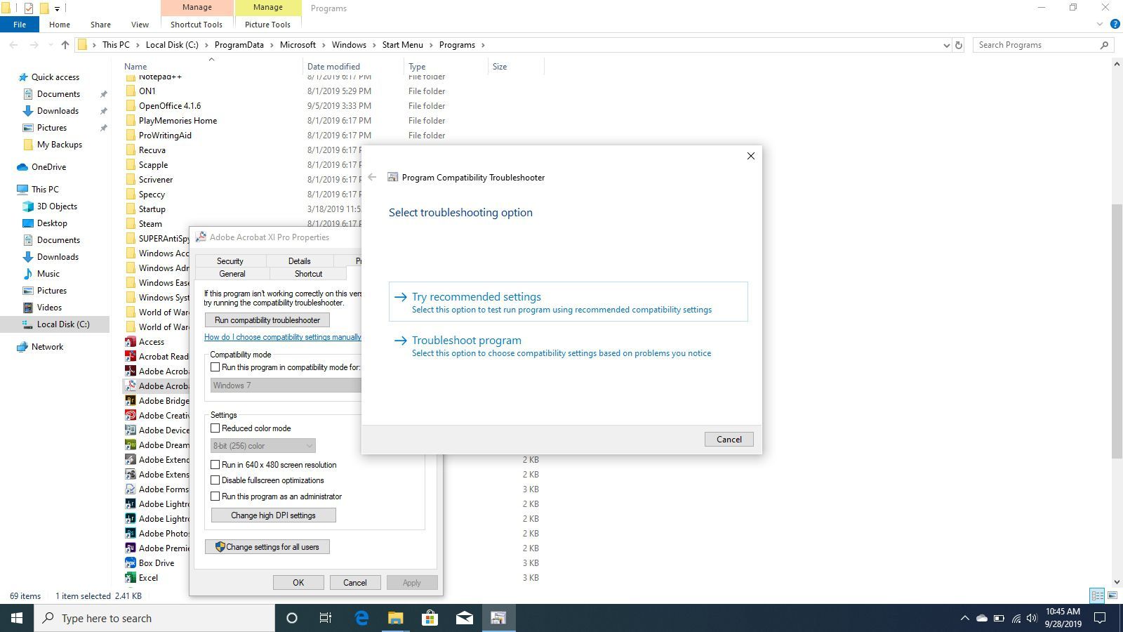 Выбор параметров устранения неполадок в Windows 10.