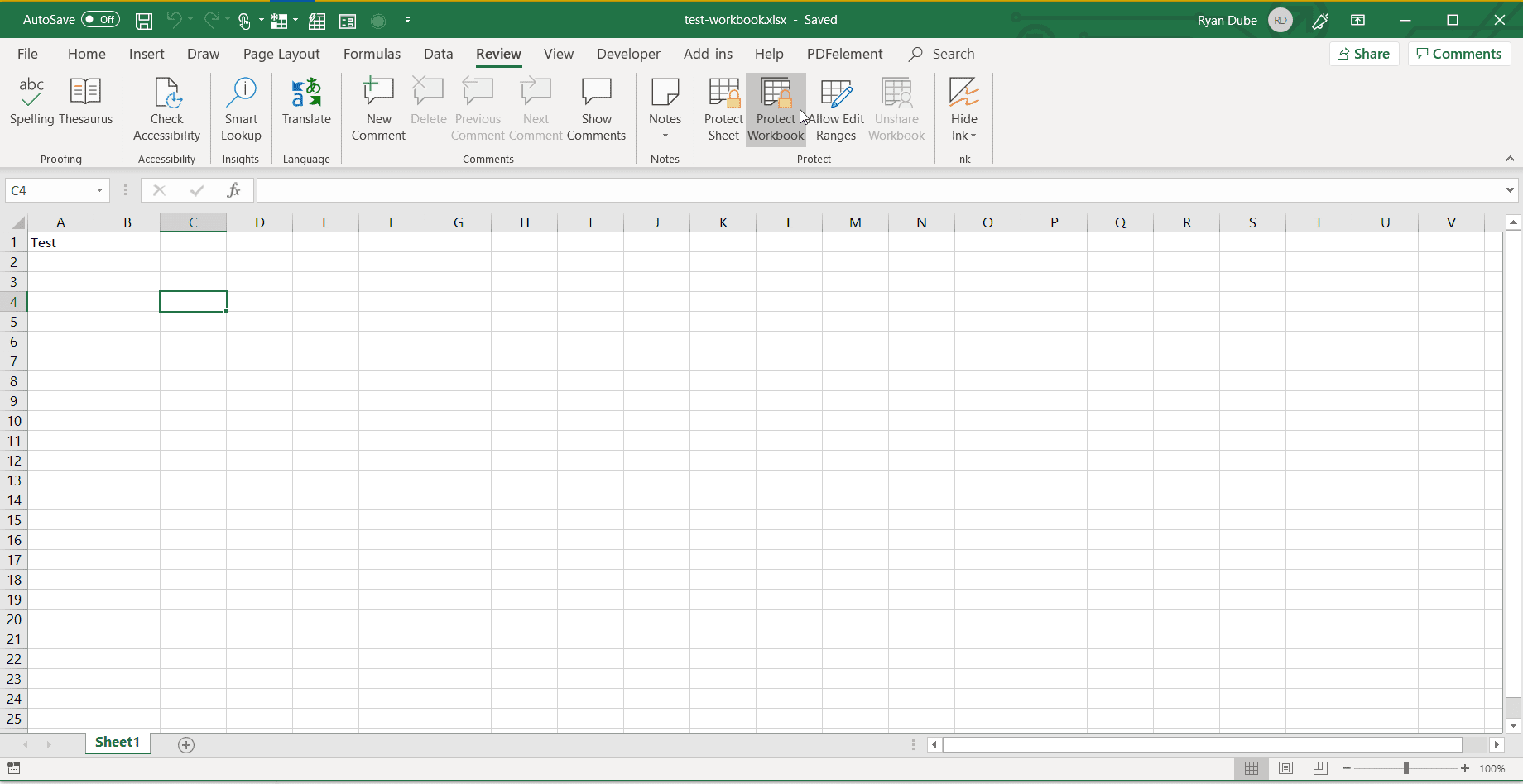 Выбор защиты книги во время просмотра в Excel