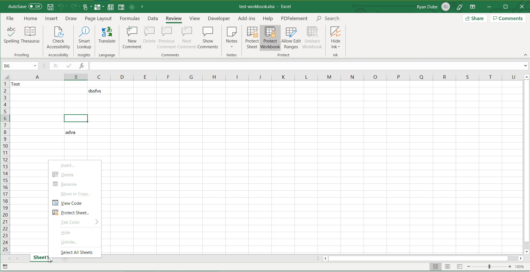 Снимок экрана отключенных параметров листа в Excel