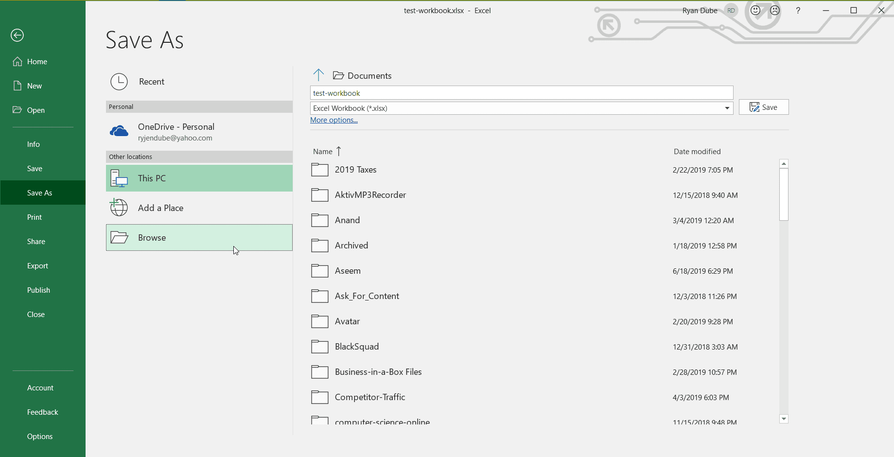 Снимок экрана сохранения листа Excel
