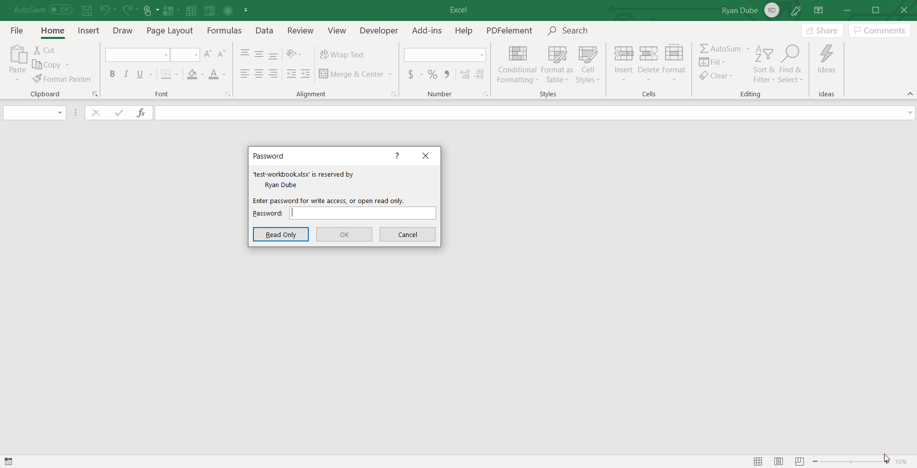 Снимок экрана открытия защищенного паролем листа Excel