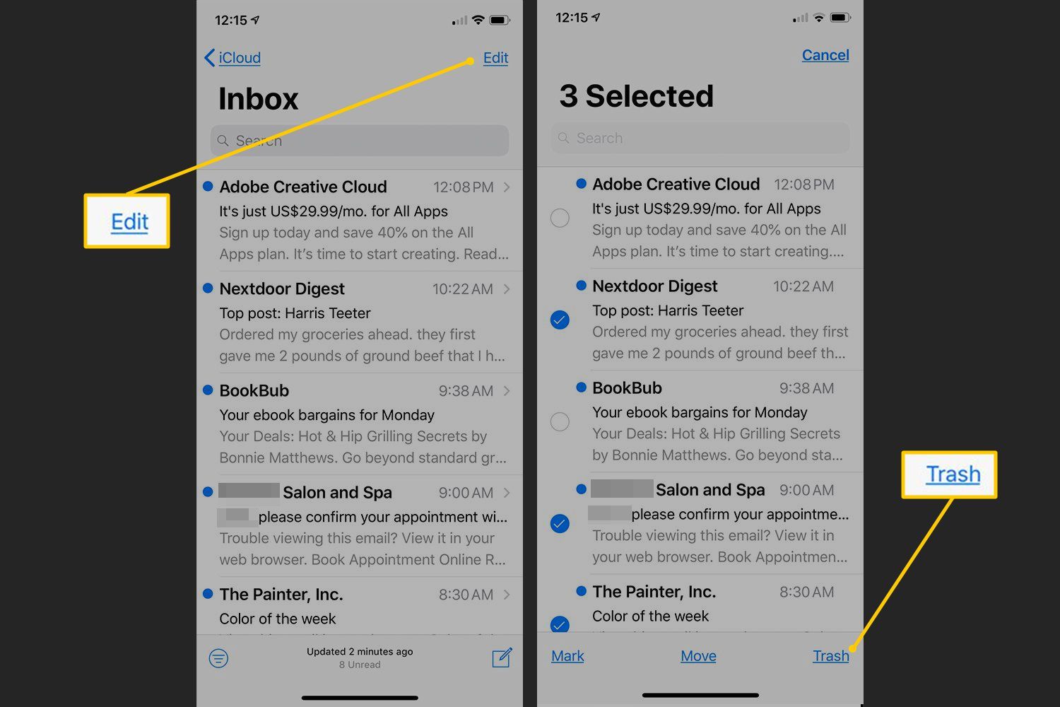 Кнопка «Изменить», кнопка «Корзина» в iOS Mail