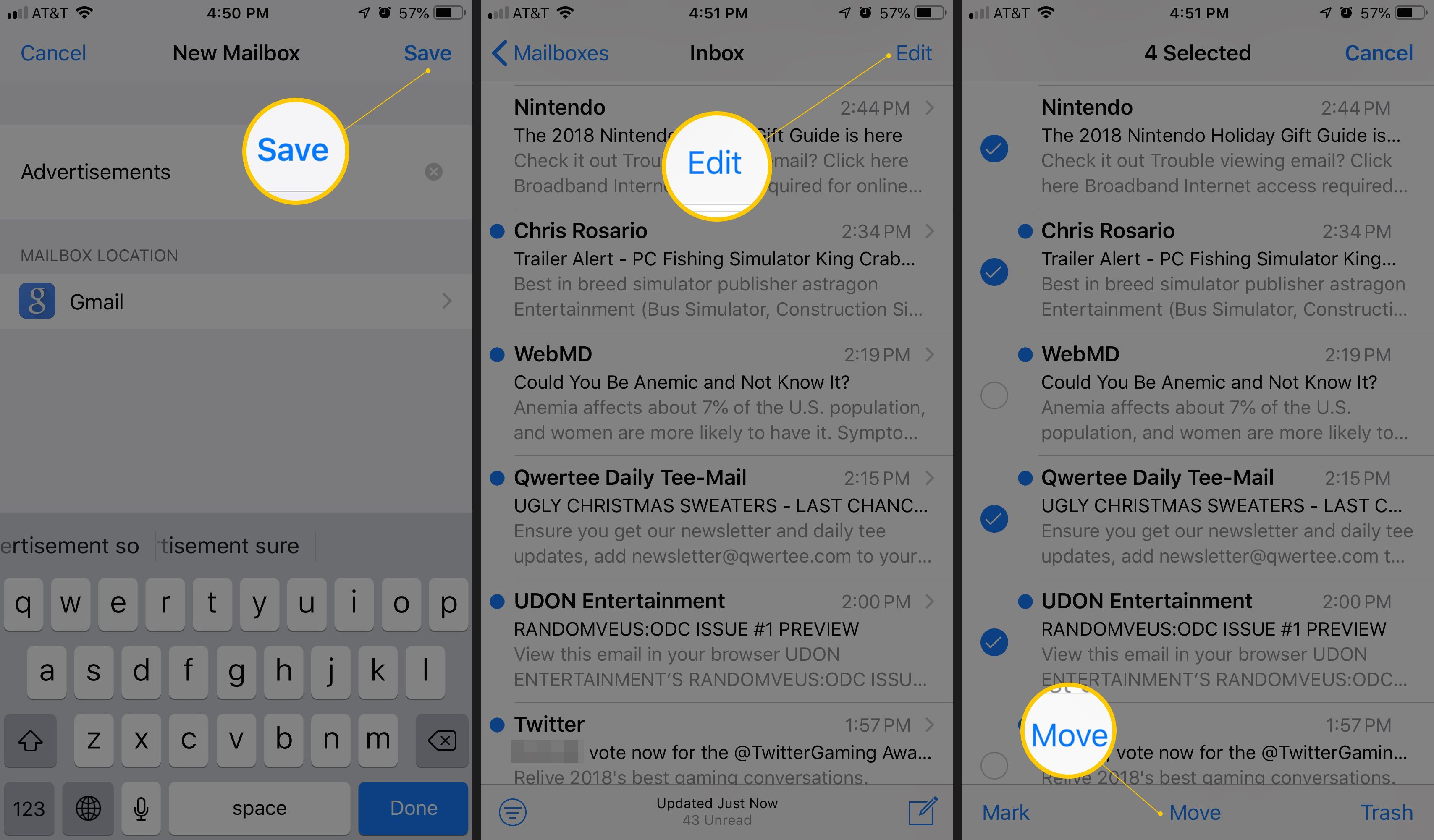 Три экрана iOS с кнопкой «Сохранить новый почтовый ящик», кнопкой «Изменить почтовый ящик» и «Переместить электронную почту» в приложении «Почта»